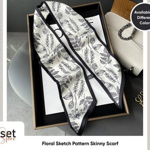 Floral Sketch Patterned Skinny Scarf for use as neck scarf, handbag scarf, hair band or hair tie White, Black, Brown, Tan and Light Green zdjęcie 4
