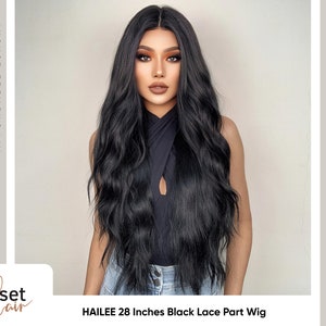 HAILEE 28 Inches Black Middle Part Lace Front Wig | Synthetic Lace Part Wig | Realistic Natural Super Long Natural Black Body Wave Lace Wig