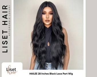 HAILEE 28 Inches Black Middle Part Lace Front Wig | Synthetic Lace Part Wig | Realistic Natural Super Long Natural Black Body Wave Lace Wig