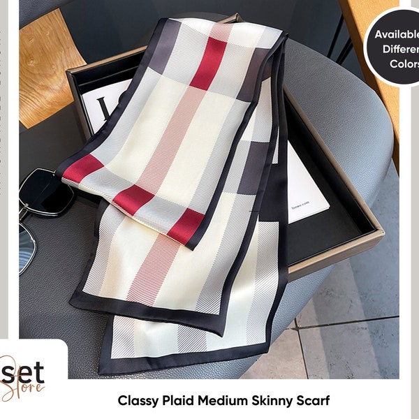 Classy Plaid Pattern Skinny Scarf for use as neck scarf, handbag scarf, hair band or hair tie | White, Black, Cream, Grey, Brown, Red Colors