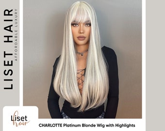 CHARLOTTE Long Platinum Blonde and grey highlights Wig with Bang | Natural Looking Realistic Wig | Wig for every day use, cosplay or costume