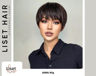 ANNA Dark Brown Short Pixie Cut Wig with Bangs | High Temperature Fibre Wig | Realistic Natural Short Bob Wig for Every Day use