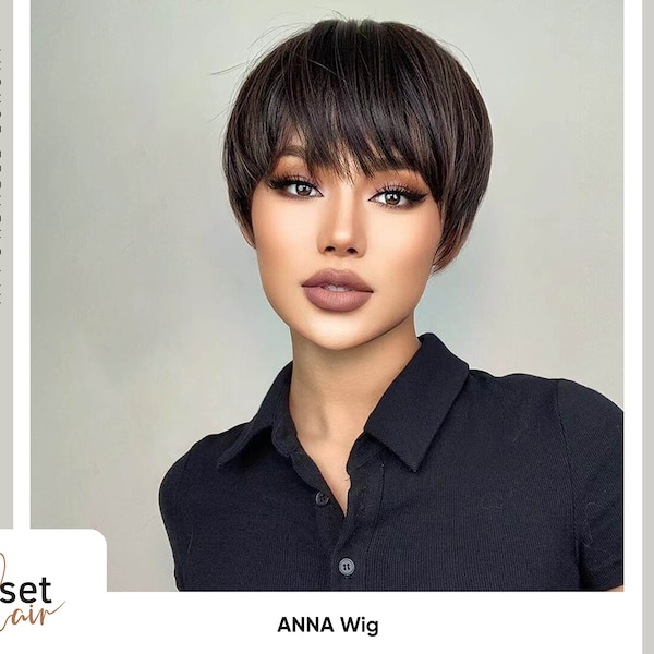 ANNA Dark Brown Short Pixie Cut Wig with Bangs | High Temperature Fibre Wig | Realistic Natural Short Bob Wig for Every Day use
