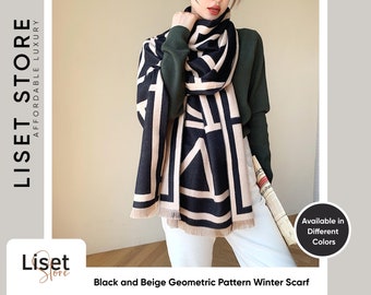 Big Winter Scarf - Classy Geometric Pattern Scarf for use as neck scarf or head tie | Black and Cream Autumn Scarf | Fall Scarf | Big Shawl