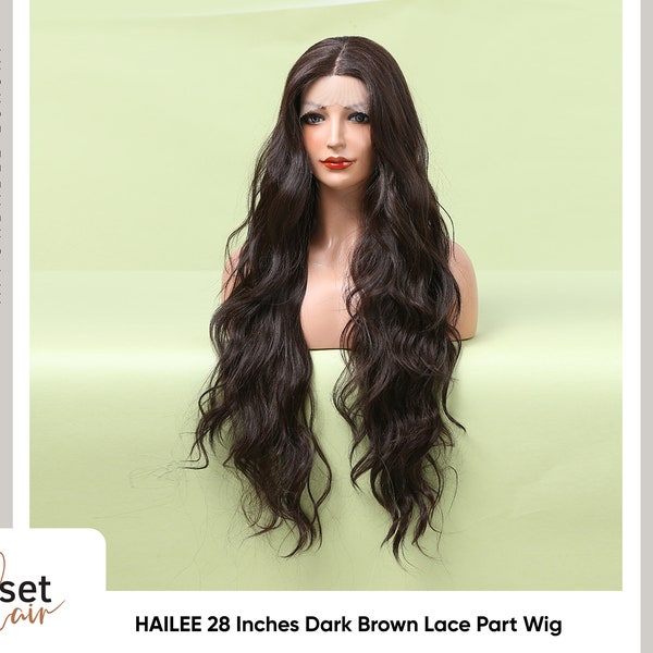 HAILEE 28 Inches Dark Brown Middle Part Lace Front Wig | Synthetic Lace Front Wig | Realistic Super Long Natural Brown Body Wave Wig