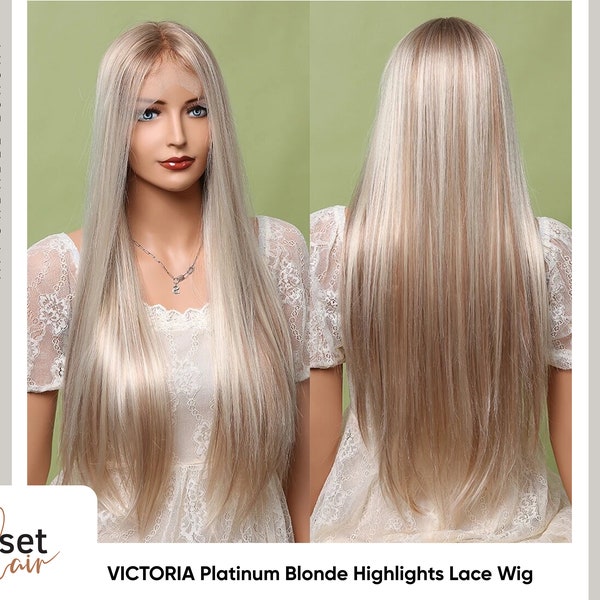 Victoria Straight Light Golden Blonde Lace Front Wig with platinum highlights | Bone Straight Synthetic Lace Wig | Realistic Middle Part Wig