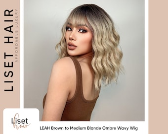 Leah Brown to Medium Blonde Ombre Wavy Mid-Length Synthetic Wig with Bangs or Fringe| Everyday use,cosplay | Stylish Realistic Short Bob Wig