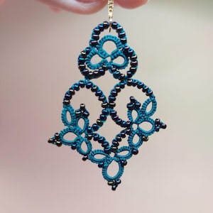 Lace earrings with beads, blue earrings lace earrings with beads, tatting earrings with beads, tatting lace earrings