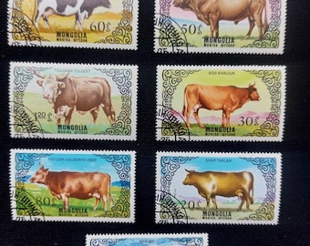 Vintage Mongolia Cow Stamps Set 1985, Cattle Breeds Yak, Farm Animal Philately (7 Stamps)