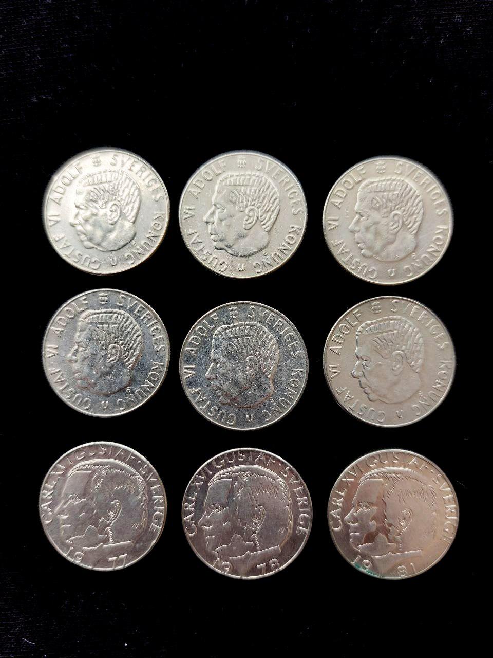 9 Pcs Swedish 1 Krona Coins Set, Gustaf VI Adolf Carl XVI Gustaf Succession
