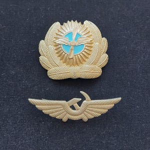 May include: A gold-toned metal badge featuring a central light blue circle with a propeller and wings, surrounded by a textured wreath. Below it is a separate gold-toned metal pin shaped like a pair of wings with a hammer and sickle emblem.