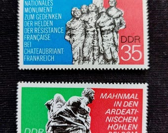 1974 East Germany Stamps Pair, WWII French Resistance, Ardeatine Caves Memorial, Dark Academia Ephemera