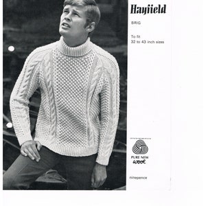 May include: Cream-colored knit sweater with a turtleneck and cable knit detailing. The sweater has a textured diamond pattern on the front and is designed to fit sizes 32 to 43 inches. The image also includes the text "Hayfield".