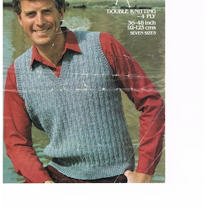 May include: A man wearing a blue-green knitted vest over a red collared shirt. The vest has a V-neck and a textured pattern. The image includes text indicating the vest is for sizes 36-48 inches.
