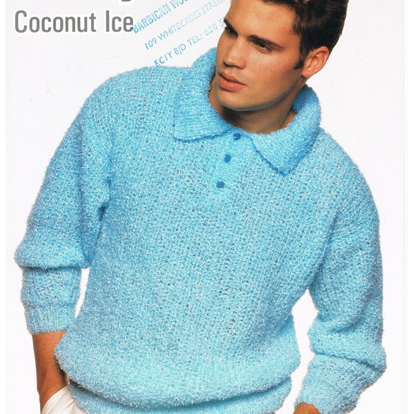 Vintage Men’s Collared Broken Rib Sweater Knitting Pattern shown in Wendy Coconut Ice To fit 34-44 inch chest Boucle Yarn Sport weight 1980s