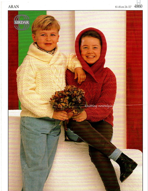 Vintage Childrens Aran Sweater Knitting Pattern With Shawl Collar