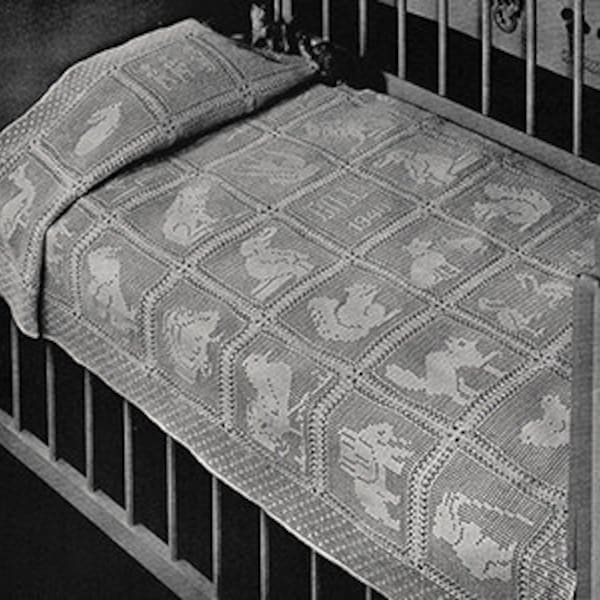 Vintage 1940’s Crochet Baby Blanket Pattern Animal patterns Size 46x58 inches 117 x 148 cms Thread weight yarn Unisex boys girls