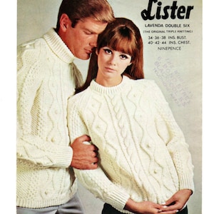 May include: A vintage knitting pattern for a white cable knit sweater. The pattern is called "Lavenda Double Six" and is from Lister, the original triple knitting company. The pattern is for sizes 34-38 inches bust and 40-42-44 inches chest. The pattern costs nine pence.