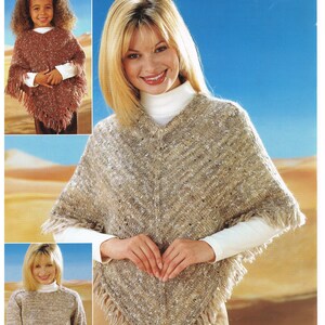 May include: A beige and brown aran knit poncho with fringe. The poncho is shown on a model wearing a white turtleneck and beige pants. The text "Wendy aran" and "Knitted from 1 ball" is visible in the image.