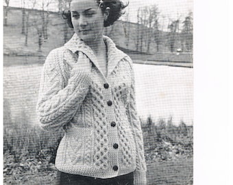 Women’s Aran Jacket with Honeycomb Collar Knitting Pattern To fit 36-42 inch chest Pockets Button closure Raglan Sleeve