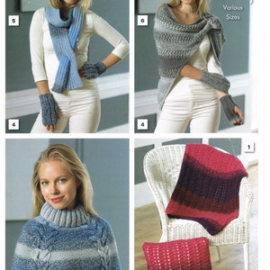 May include: A catalog page featuring knitted accessories. The top left shows a blue scarf and matching fingerless gloves. The top right displays a gray shawl and fingerless gloves. The bottom left shows a blue and gray knitted cape. The bottom right shows a red knitted blanket and pillow.