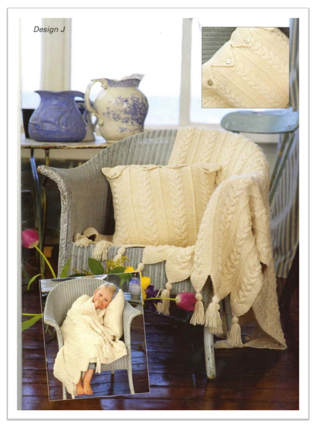 Vintage Aran Knitting Pattern Throw Cushion Covers and Duffle Bag Button Closure or Zip Tassels