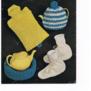 May include: Vintage knitting pattern featuring a yellow hot water bottle cover, a blue and white striped tea cozy, white bed socks, and a yellow teapot in a blue tea pot nest. The pattern is from Sirdar, with the text "Double knitting, Double Crepe wool".