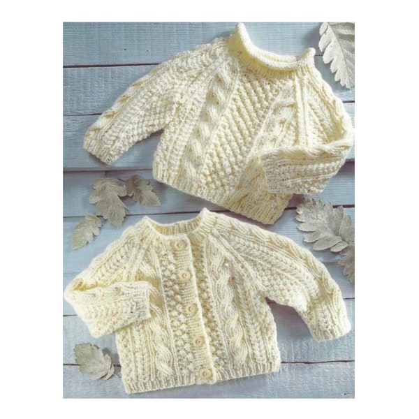 Vintage Aran Baby Knitting Pattern Jumper and Cardigan To fit  16-26 inch chest Double Moss Panel Plait Cables Round Neck Raglan sleeve PDF