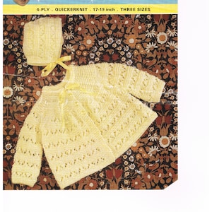 May include: A vintage baby knitting pattern leaflet with a yellow knitted cardigan and bonnet set. The leaflet reads "Emu TREASURE" and "4-PLY QUICKERKNIT 17-19 inch THREE SIZES". The background is a floral pattern.