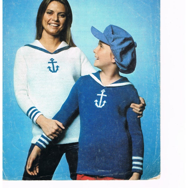 Mother and Daughter Sailor Sweaters Knitting Pattern Anchor Collar Stranger Things Double Knitting fits 28-38 inch chest Child Adult jumper