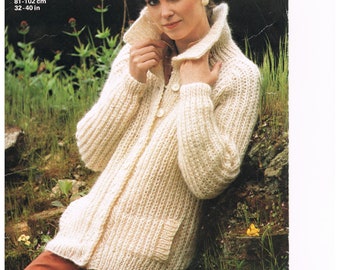 Vintage Jaeger Long Lady's Jacket Cardigan Knitting Pattern with Stand Up Collar and Pockets To fit 32-40 inch chest Chunky Fast & Easy