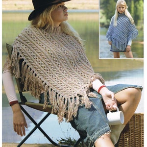 May include: A knitting pattern for a poncho with fringe. The pattern is called "Donegal Tweed DK" and the pattern number is 8456. The pattern is for ages 7 years to adult.