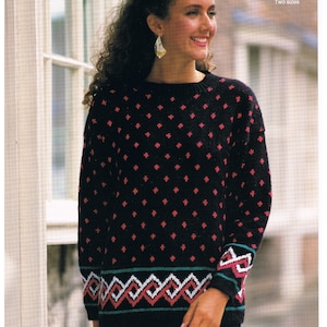 May include: A black knitted sweater with a repeating pattern of small red diamonds. The sweater has a patterned cuff and hem with white, red, and teal geometric designs. The image also includes the text "Emu" and "1110A DOUBLE KNITTING 86-102 cm 34-40 in. Two sizes."