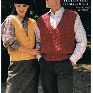May include: A vintage fashion advertisement featuring two people. The woman is wearing a yellow knitted vest over a plaid shirt and a dark skirt. The man wears a red knitted vest over a white checked shirt and dark trousers. Text reads "Sunbeam Ryedale Chunky with Alpaca 81-117 cm".