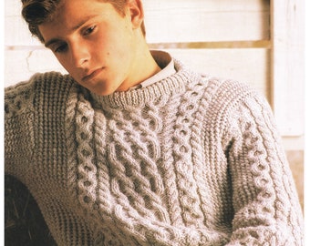 Vintage Robin Aran Sweater Set in Sleeves Crew Neck To fit 34-40 inch chest Cables, Honeycomb, Moss Stitch