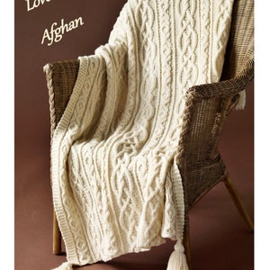 Vintage Aran Lovers Knot Throw Afghan Knitting Pattern 48x60 inch approx 122x153cm Cables Medallion Rib Garter Stitch Tassels