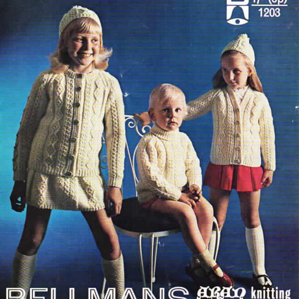 Vintage Children’s Aran Knitting Patterns Jumper Sweater Cardigan Lumber Jacket Skirt Hat to fit 22 - 26 inch chest Raglan Sleeve PDF