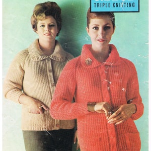 Modèle de tricot de veste cardigan pour femme vintage des années 1960 Patons. Manches raglan Col épais Grosse maille rapide Convient à une poitrine de 34 à 44 po.