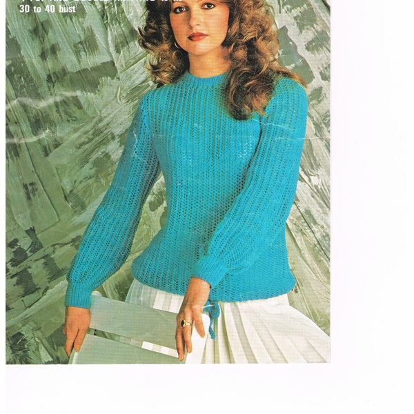 Vintage Ladies Open Weave Jumper Knitting Pattern To fit 30-40 inch bust 4 Ply or Double Knitting Lace pattern Set in puff sleeve Robin 2664