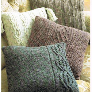 Aran Cushion Covers Knitting Pattern Shown knit in Aran Tweed yarn 16x16 inch size Easy knit Suitable for advanced or confident beginner