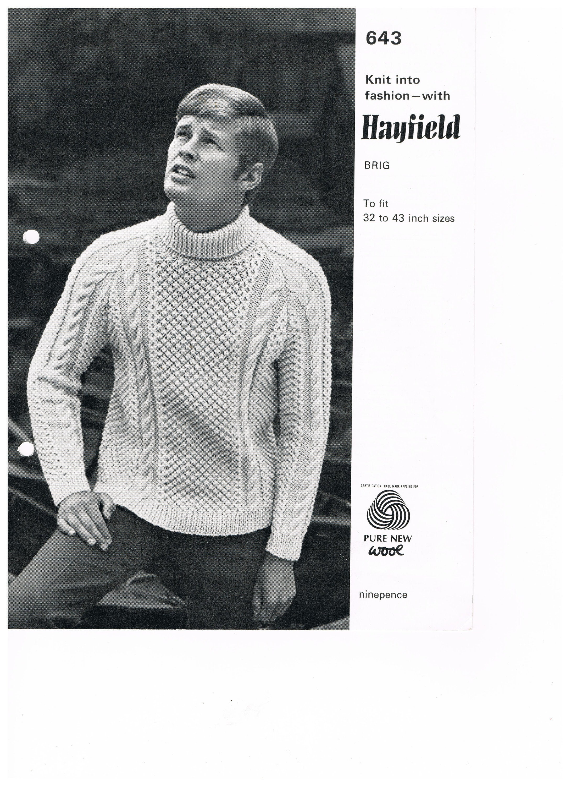 Vintage Aran Jumper Knitting Pattern Polo or Crew Neck Sizes 32-43 inch chest, cables, honeycomb, diamond moss/bobble panel, raglan sleeves