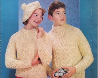 Vintage Aran Jumper and Beret Knitting Pattern To fit 30-36 inch chest Unisex Sweater Raglan sleeve Round Polo Neck Double Knitting Sunbeam