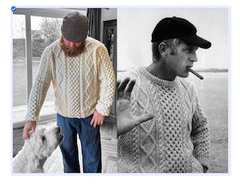 The Steve McQueen Aran Jumper Knitting Pattern To Fit 40-50 inch chest Knit your very own Steve McQueen sweater from The Thomas Crown Affair