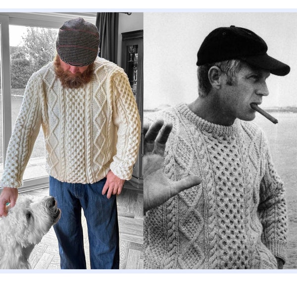 The Steve McQueen Aran Jumper Knitting Pattern To Fit 30-56 inch chest Knit your very own Steve McQueen sweater from The Thomas Crown Affair