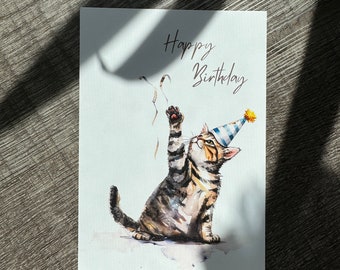 Tarjeta de felicitación de gato de feliz cumpleaños, gato de acuarela, gato lindo con tarjeta de felicitación de sombrero de fiesta