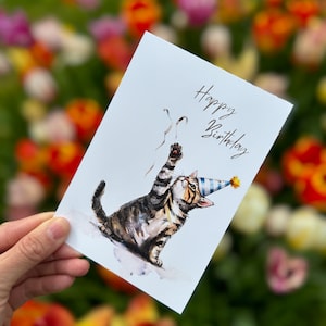 Happy Birthday Cat Greeting Card, Watercolor Cat, Cute Cat with Party Hat Greeting Card,