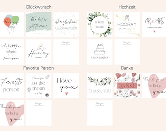 May include: A set of 12 printable greeting cards with various designs and text. The cards feature illustrations of balloons, confetti, hearts, flowers, and a cake. The text on the cards includes phrases like "Happy Birthday", "The best is yet to come", "Herzlichen Glückwunsch", "Hurray", "Favorite Person", "I love you", "Thank you", "Danke", "Hochzeit", "Mr. & Mrs.", "Zur Hochzeit alles Liebe", "Happy Wedding Day", and "Congratulations".
