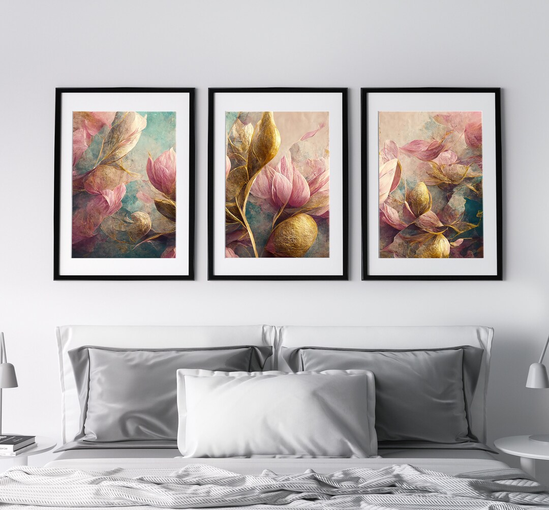 Golden Flower Wall Art Set of 3 Wave Prints Abstract Decor Etsy