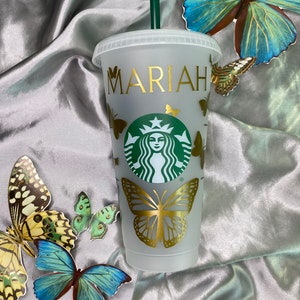 Starbucks Mariah Carey Inspired reusable cold cup tumbler | Mariah Carey | Gold butterflies | Personalized gift | MC fan