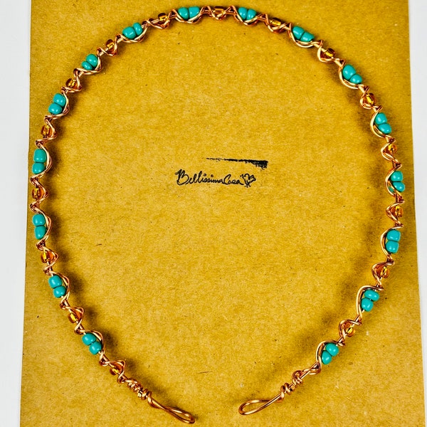 Copper Headband-Turquoise Splendor: Handcrafted Turquoise and Gold Beaded Headband - Statement Piece for Vibrant Style Hairband